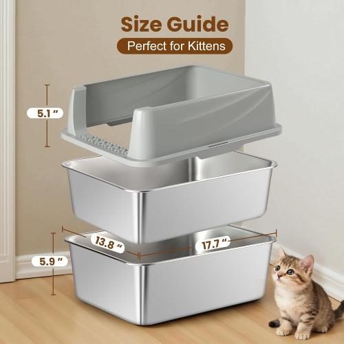 Stainless Steel Sifting Litter Box for Pine Pellets, Sifting Cat Litter Box with Sifter, High Side for Small Cats, Anti-Leakage, Odor Control, Includes Scooper, 17.7 x 13.8 x 11