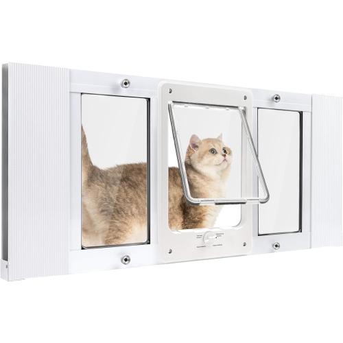 Pet Door for Window, Suitable for Window Widths of 28-32, Quick-Fit Cat Door Window Insert, 4 Locking Mechanisms, Magnetic Closure Cat Window Door,Aluminum Frame Cat Door for Window