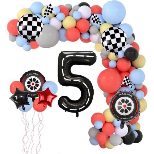 Race Car Balloons,40 Inch Racetrack Number 5 Balloon,Big Number Balloons Black for 0st Birthday Race Car Theme Party Decor Supplies 7 Pcs