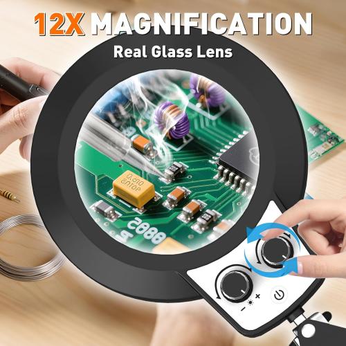 KIRKAS 12X Magnifying Glass with Light and Clamp, Extra-Long Arm Magnifying Lamp Overhead Knob for Workbench Craft Repair Sewing, LED Lighted Magnifier Real Glass Lens Stepless Dimming and Color