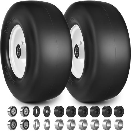 13x5.00-6 Flat Free Lawn Mower Tires and Wheels 3/4 5/8 1/2 Ball Bearings, 13x5x6 Zero Turn Mower Front Tires, Smooth Tires for Commercial Grade Lawn 3.25-5.25 Adjustable Centered Hub