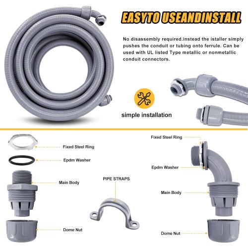 1-1/2 inch 25 Foot Liquid-Tight Conduit Kit, Flexible Non Metallic Electrical Conduit and Connector Kit, With Straight and Angle Fittings