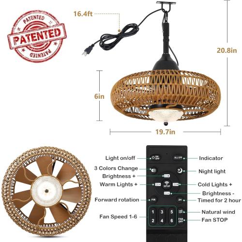 Airposta Waterproof Outdoor Ceiling Fan with Lights Remote Control, Wet Rated Gazebo Fan with 3 Color Temperatures&Dimmable LED Light, Boho Rattan Plug in Ceiling Fan for Indoor Bedroom/Outdoor Patios