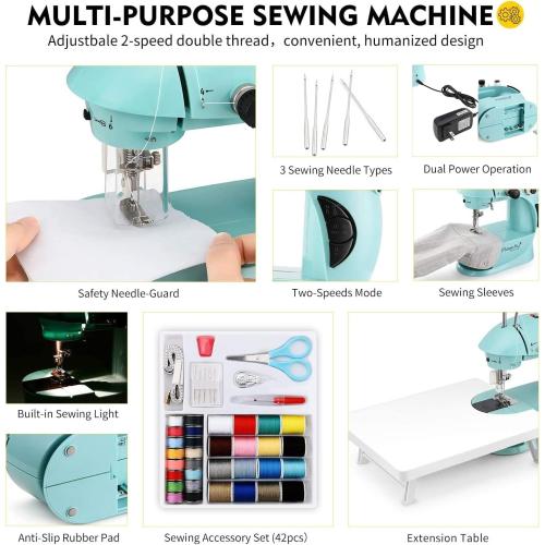 Magicfly Mini Sewing Machine with Extension Table, Dual Speed Portable Sewing Machine for Beginners with Light, Sewing Kit for Household Use, Blue