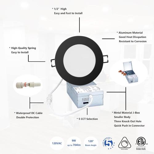 Premium LED-Canless Recessed Lighting 4-inch 5 CCT Adjustable Dimmable Recessed Downlight Fixture, Ceilling Light with Junction Box, 2700-5000K, 9W, Black Finish, 6 Pack