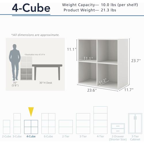 Homes: Inside   Out Apexa 4-Cube Storage Organizer Shelves, Stackable Wood Bookcase Fits Cubby Bins for Organization, Dorm Teen Room Decor & Home Office, White