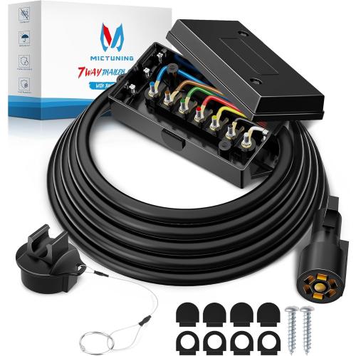 MICTUNING Heavy Duty 7 Way Plug Inline Trailer Cord with 7 Gang Junction Box 8 Feet, Weatherproof