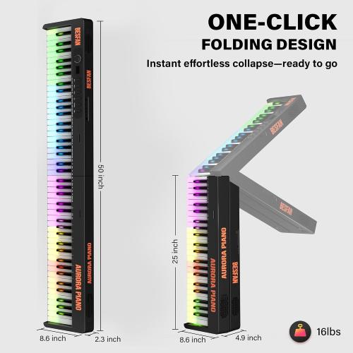 88-Key Foldable Piano Keyboard with Colorful Lighted Keys | Semi-Weighted Full Size Portable Digital Piano with MIDI, Speakers, Sustain Pedal for Beginners, Travel and Small Spaces