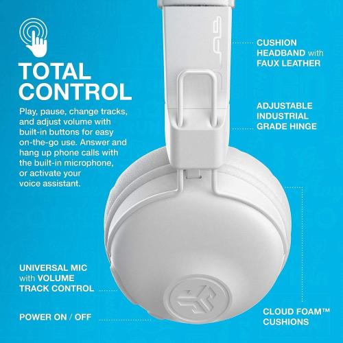 JLab Studio Wireless On-Ear Headphones, White, 30  Hour Bluetooth 5 Playtime, EQ3 Sound, Ultra-Plush Faux Leather & Cloud Foam Cushions, Track and Volume Controls