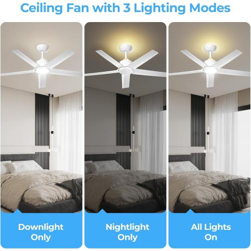 ocioc 44 Inch Ceiling Fans with Lights and Remote, White Ceiling Fan with Backlight, Reversible Airflow, Quiet DC Motor, 3000-6500K Dimmable LED, 6 Speeds Modern Ceiling Fan for Bedroom,Living Room