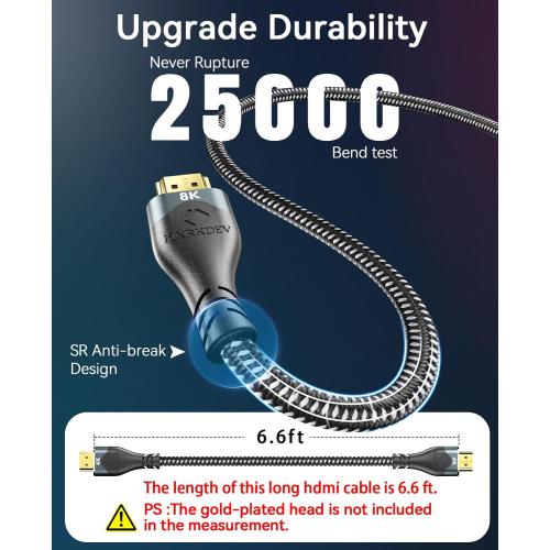 8K HDMI Cable 6.6 ft, Ultra High Speed HDMI 2.1 Cord Braided (48Gbps), 8K@60Hz, 4K@120Hz, HDCP 2.2&2.3, 24K Gold Plated Connectors Compatible with HD TV Monitor Laptop Xbox PS4/PS5 ect