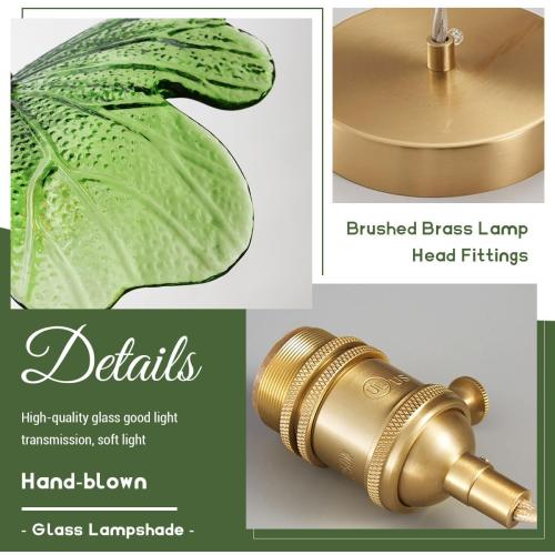 Green Glass Pendant Light Kitchen Flower Ceiling Light Fixture with Leaves Glass Shade, Mid Century Gold Hanging Light for Living Room Bedroom Dining Room, Set of 2