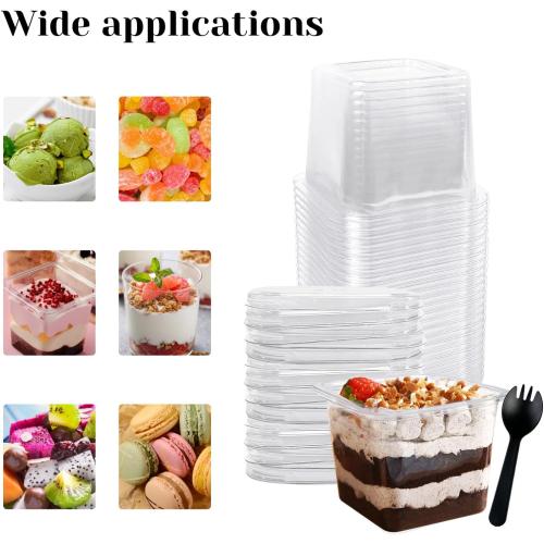 Rainmae 12oz Disposable Plastic Dessert Cups with Lids Parfait Cups with Lids Fruit Cups with Lid Appetizer Cups Sporks Square Clear Cups for To Go Iced Coffee, Bubble Boba Tea, Milkshake 50-Pack