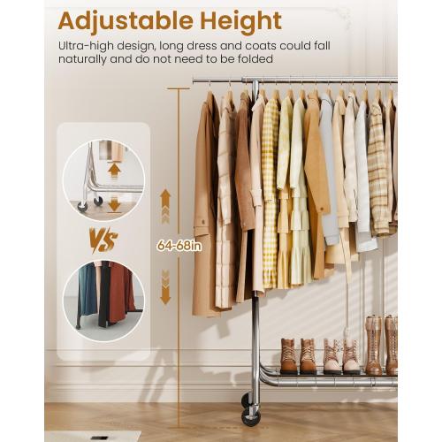 Heavy Duty Clothing Rack, Metal Clothes Rack Load 450 LBS, Rolling Coat Racks for Hanging Clothes with Lockable Wheels, Wardrobe Closet Garment Racks for Bedroom, Silver