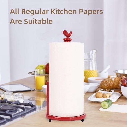 Vintage Rooster Paper Towel Holder - Easy One Handed Tear Cast Iron Roll Paper Towel Dispenser Countertop, Red