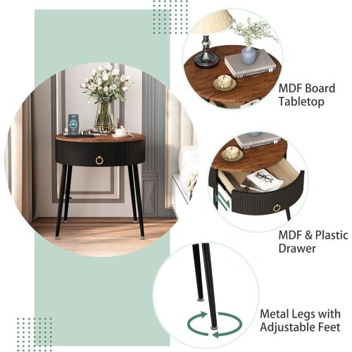 OIOG Side Tables Set of 2, Round Nightstand with Drawer, Modern Bedside End Tables for Small Space, Living Room, Bedroom, Office, Dorm, Rustic Brown and Black