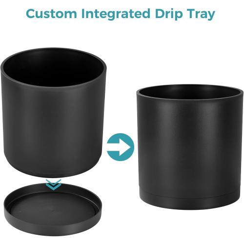 FaithLand 10-Inch Modern Cylinder Planter, Thick-Walled Plastic Plant Pot with Drainage Holes and Detachable Saucer, Matte Black, Ideal for Indoor & Outdoor Plants Flowers