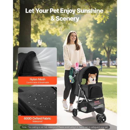VEVOR Pet Stroller, 35 lbs Weight Capacity, Foldable Dog Cart, 3 Wheels Cats Carts with Mesh Windows and Cup Holders, Portable Pet Carrier Stroller with Brake, for Small to Medium Pets