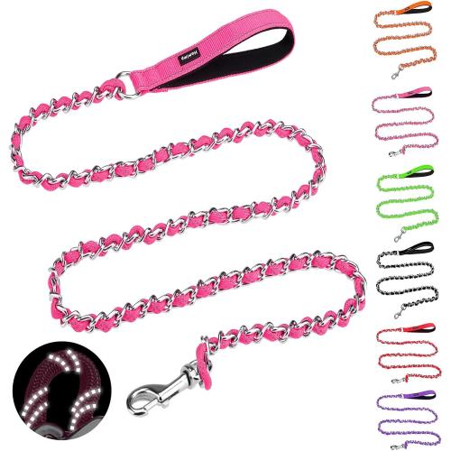 HOMIMP Chew Proof Dog Leash for Medium Large Dogs, Reflective 6 FT Heavy Duty Metal Chain Dog Leashes with Soft Padded Handle, Anti Bite Durable Rope Leashes for Pitbull, Non Chewable