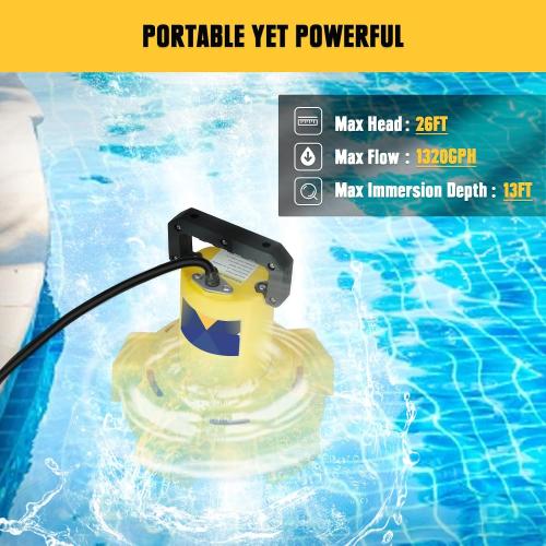 Cordless Submersible Sump Pump Compatible with Dewalt 20V Battery(Tool Only), 1320GPH Brushless Water Transfer Pump, Portable Electric Utility Pump w/ 15.4ft Cord for Garden Pond Pool Tub