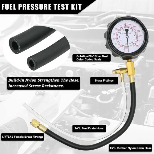 0-140PSI Fuel Injector Injection Pump Pressure Tester, Fuel Pressure Tester Kit, Universal Fuel Pump Pressure Tester Gasoline Car Truck Motorcycle Diagnostic Tool