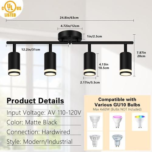 4-Light Kitchen Lighting Fixtures Ceiling Mount, Black Track Semi Flush Mount Ceiling Light, Modern Adjustable Multi-Directional Hallway Light Fixtures for Living Room, Dining Room, Foyer