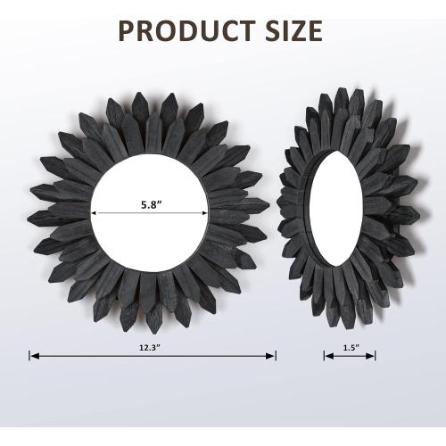 Honiway Black Wall Decor Wall Mirror 12 inch Boho Wall Decor Wood Decorative Mirror for Room Decor Home Decor for Bedroom Living Room Bathroom Kitchen Black
