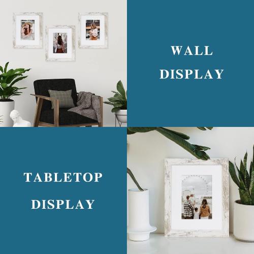 8x10 Picture Frame Set of 3 Made of Real Glass and Distressed White Wooden Frame, 8 by 10 Photo for Wall or Tabletop - Display Picture 5x7 with Mat or 8x10 Without Mat