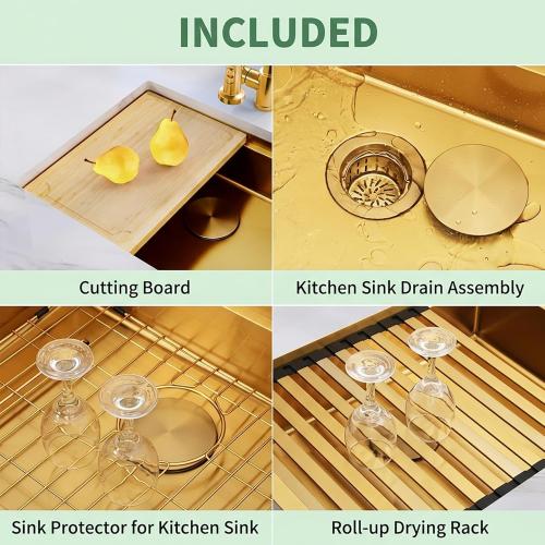 Gold Undermount Kitchen Sink, 16 Gauge T-304 Stainless Steel All In One Workstation Sinks With Full Set Accessories, 30 x 18 x 10 Large and Deep Handmade Single Bowl Kitchen Sinks