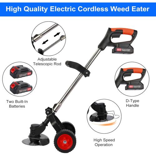 Electric Weed Wacker with Wheels, Cordless Weed Eater 2000mAh 21V Battery Operated, 3 in 1 Weed Trimmer Brush Cutter with Adjustable Telescopic Pole for Villas, Yards & Parks, Black, ELM001