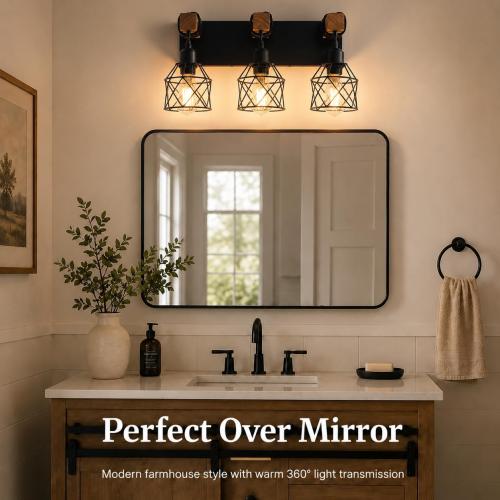 Farmhouse Bathroom Light Fixtures, 3-Light Vanity Lights for Bathroom, Black Wood Bathroom Lighting Over Mirror with Metal Shades, Bulbs Not Included