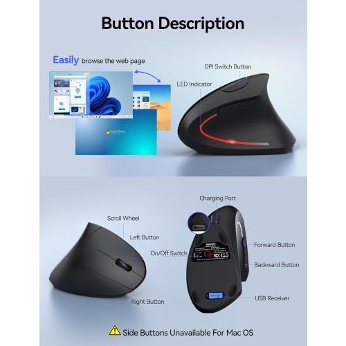 TECKNET Ergonomic Mouse Wireless, Echargeable Mouse Wireless Silent for Carpal Tunnel Right Hand, 2.4GHz USB-A Vertical Mouse for Laptop,5 Adjustable 4800 DPI, Computer,MacBook, Desktop(Not-USB-C)