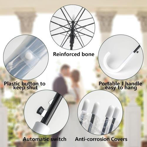 13 Pack Clear Wedding Umbrellas Bulk Transparent Auto Open Stick Umbrellas Windproof Waterproof Large Canopy Umbrella with White J Hook Handle for Wedding Bride Groom Photography Golf Outdoor