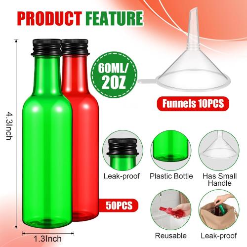 Patelai 50 Pcs 2oz Mini Liquor Bottles with Black Caps Funnels Plastic Shooters Alcohol Bottle Sauce Spirit Bottles for Cocktail Wine Halloween Fall Thanksgiving Christmas Party Favors(Red and Green)