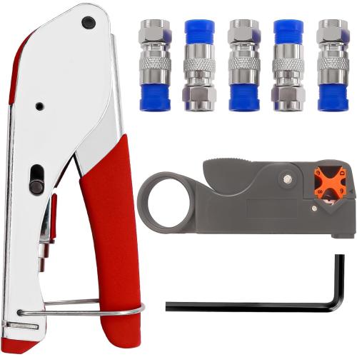 mxuteuk RG59 RG6 Coax Cable Crimper Tool Coaxial Compression Tool Fitting Wire Stripper With 5PCS F Type RG6 Compression Connectors