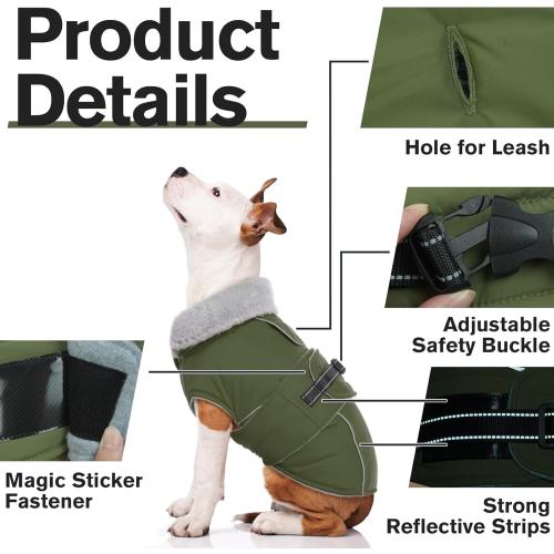 Lelepet Warm Dog Coat Reflective Fleece Vest Waterproof Dog Jacket with Adjustable Buckle Hook & Loop Windproof Cold Weather Coats for Dogs, Army Green, large