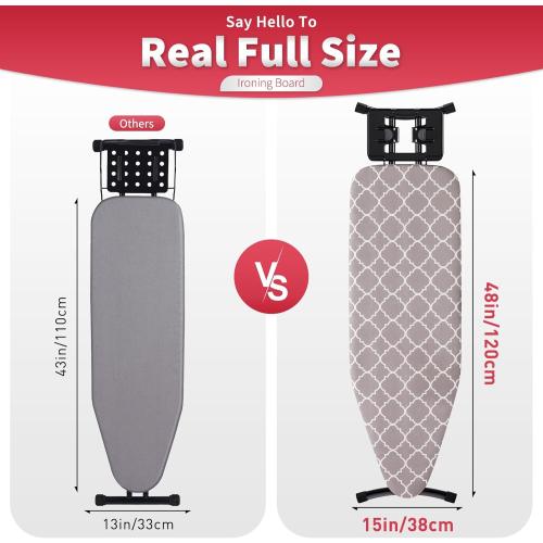 Full Size Ironing Board 57 L X15 W, Large Wide Sturdy Ironing Board with Iron Rest, Foldable Adjustable Iron Board with Heat Resistant Cover, Enhanced Stability (Black Gray)