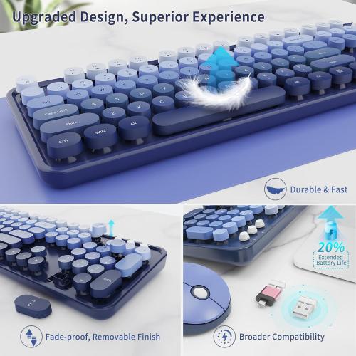 Nowlike Wireless Keyboard and Mouse Combo, Retro Typewriter Keyboard with Round Keycaps, Full-Size Ergonomic, Blue, Ideal for Windows PC, Home, Office, and College, Wireless Keyboard Mouse Combo