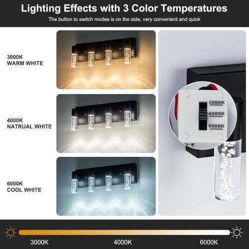 Stainless steel color 4-Light LED Vanity Light Fixture  - Modern Bathroom Lighting, Over Mirror Illumination | Multicolor Temperature 3000K/4000K/6000K | Stylish Bathroom Dec