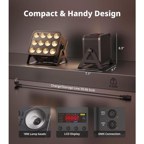 12x12W RGBWA UV LED Par Lights, 8-Hr Battery Powered Uplights with DMX512/APP/Remote Control, Stage Lighting for DJ Shows, Studio, Party, Indoor Events