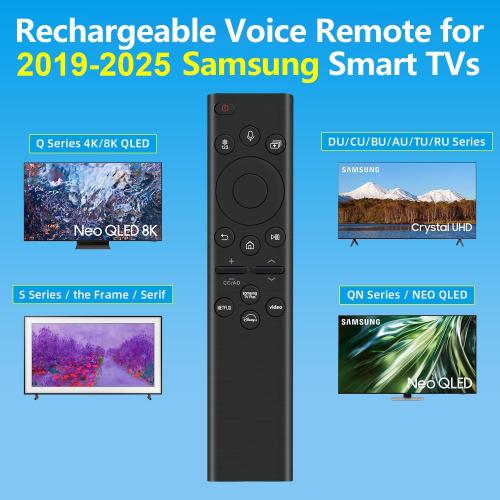 Rechargeable TV Remote for Samsung Smart TVs, Replacement for All 2019-2025 Samsung TV Remote Control with Voice Control. USB-C Fast Charging. Solar Charging. 2-Year Warranty.