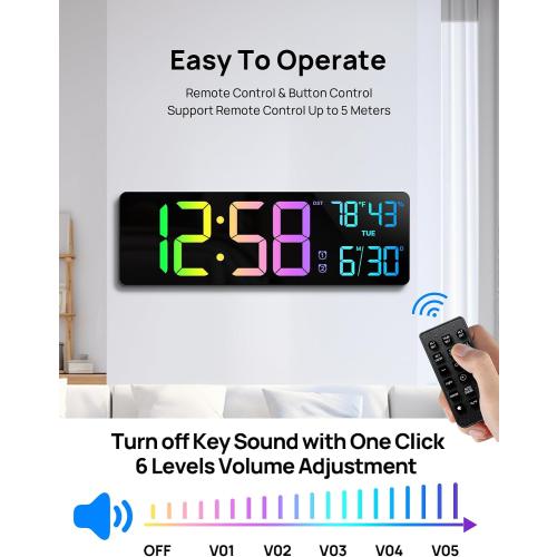 18.5 Large Digital Wall Clock, Big LED Digital Clocks, Remote, RGB Display
