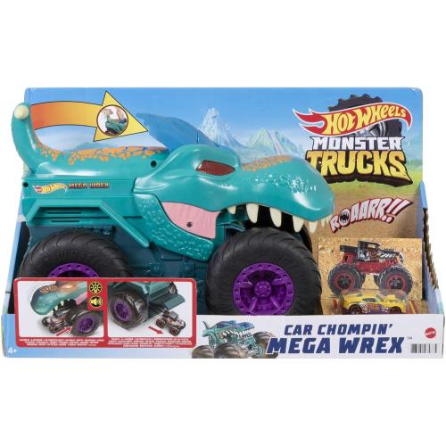 Hot Wheels Monster Trucks Car Chompin' Mega-Wrex, Large Toy Monster Truck & Toy Car, Eats & Poops 1:64 Scale Vehicles, Lights & Sounds