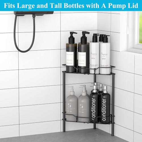 2 Tier Floor Standing Corner Shower Caddy Organizer Shelf with Hooks, Bathroom Shelves Stand Rack, Black