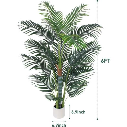 Artificial Palm Tree 6ft, Fake Tree with White Planter, Faux Tropical Areca Palm Silk Floor Plant with 18 Realistic Leaves for Home Office Indoor Outdoor Decor.