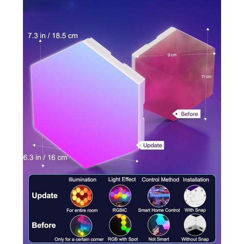 10 pack Large Hexagon LED Lights for Bedroom, Smart Home Gaming LED Wall Lights RGB-IC Gaming Room Decor Work with Alexa Google Assistant, Voice/App Control, Music Sync, DIY Modular Light Panels, 10 Pack