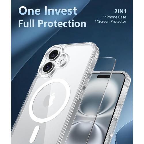 FNTCASE for iPhone 16 Plus Case: Clear Magnetic Phone Cases with Screen Protector Compatible with Magsafe Slim Anti Yellowing Rugged Shockproof Protective Transparent Cell Phone Cover (A-Clear)
