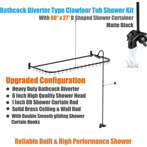 Clawfoot Tub Shower Kit,Add On Shower With Bathcock Diverter Faucet and 60 D Type Claw foot Tub Shower Curtain Rod Kit,D-Style Shower Rod and Clawfoot Tub Shower Faucet Set,Matte Black