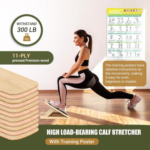 Slant Board for Calf Stretching, Adjustable Portable Wooden Incline Board for Calf Stretcher with Training Poster, 300 Lbs Weight Capacity Calf Stretch Wedge for Leg, Knees, Heel, Ankle & Stretching