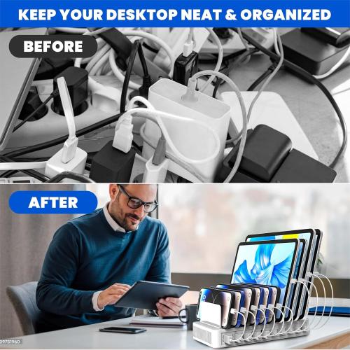 Charging Station for Multiple Devices, 100W 10 Ports Charging Dock with 10 Cables Smart IC Tech and Adjustable Dividers Type-C，Multi USB Charger for iPhone Galaxy iPad Tablet，White